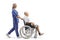 Nurse pushing a hospitalized mature patient in a wheelchair