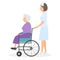 Nurse pushing wheelchair of elder woman illustration