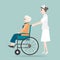 Nurse pushing wheelchair of elderly woman illustration