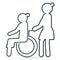 Nurse pushing wheelchair of woman patient or elderly woman icon