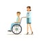 Nurse Rolling A Patient In Wheelchair, Hospital And Healthcare Illustration