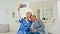 Nurse, selfie or mature happy woman, client or people post memory photo to media app in nursing home. Volunteer