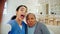 Nurse, selfie or mature happy woman, patient or people post memory photo to social media app in nursing home. Caregiver