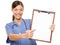 Nurse showing medical sign clipboard copy space