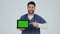 Nurse, tablet green screen and thumbs up for success, healthcare services and medical presentation in studio. Face of