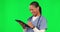 Nurse, tablet and woman celebrate on green screen for success, good review or results. Professional female doctor with
