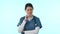 Nurse, thinking and decision in healthcare with questions, ideas or mockup of problem solving on blue background in
