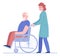 Nurse wheeling old man in wheel chair. Doctor helping disabled patient