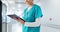 Nurse, woman and tablet for hospital research, results or medical software and scroll for online charts or clinic
