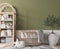 Nursery design, wooden furniture in green baby room, Scandinavian style