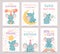Nursery elephant posters. Cute animals celebrating birthday with gift box and balloons, sitting on moon, catching stars
