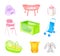 Nursery Objects with Fluffy Toy Hare and Baby Chair Vector Set