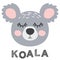 Nursery poster with cute animal. Black and white koala. Scandinavian style.
