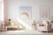 Nursery room, mock-up hangs on the wall, surrounded by vibrant pastel colors. AI Generated