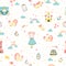 Nursery seamless pattern with princess, unicorn, castle, carriage. Vector childish background in hand-drawn scandinavian style.