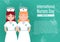 Nurses in cartoon character with wording about international nurse day and example texts on medical object pattern and green