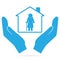 Nursing home for elderly woman in hand blue icon