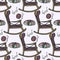 Nursing home. Seamless pattern with hand-drawn cartoon chair for rest, knitting, glasses and plaid. Doodle drawing.
