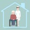 Nursing home sign icon, Nurse and elderly man sitting on wheelchair
