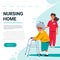 Nursing home web banner template. Old lady with paddle walker and young nurse. Senior people healthcare assistance. Flat