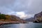 Nusfjord, authentic fishing village with traditional red Rorbu houses, Lofoten Islands, Norway, Scandinavia