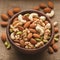 Nut mix in wooden cup Macro, burlap fabric background, top view