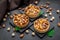 Nut tartlet with hazelnuts, almonds and caramel