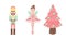 Nutcracker, ballerina, and pink Christmas tree. Fairy tale clip art.