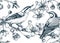 Nuthatches on cherry blossom sketch background in engraved style. Spring seamless pattern with contoured birds and sakura drawing