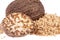 Nutmeg , half and ground on white background, close up
