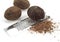 Nutmegs, myristica fragrans, Fruit and Grater against White Background