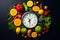 Nutrient rich array Vegetables, fruits encircle alarm clock, embodying a health conscious lifestyle
