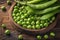 Nutrient rich display Fresh bio peas and pods on an oak board
