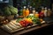 Nutrition focused desk at the office hospital, featuring fresh vegetables and fruits