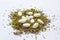 Nutritional supplements pills on dried herbs background. Alternative herbal medicine, naturopathy and homeopathy concept