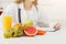 Nutritionist desk with fruit and measuring tape