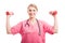 Nutritionist woman holding up training weights