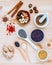 Nutritious Foods and Super foods selection with supplement powders in mortar and spoons setup on wooden background. Chia seeds