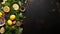 Nutritious green salad with various leaves, veggies, seeds, and olive oil on black stone background