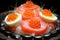 Nutritious Salmon eggs food slice. Generate Ai