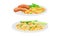 Nutritious tasty dishes served on plates set. Potato with sausages and pasta with mushrooms cartoon vector illustration