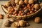 Nuts in a basket. beautiful still life close-up on a dark background.