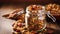 nuts and dried food in a glass jar on a wooden table