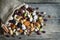 Nuts and dried fruits on vintage wooden boards