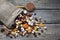 Nuts and dried fruits on vintage wooden boards