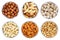 Nuts nut collection from above hazelnuts peanuts bowl isolated o