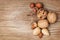 Nuts on old wooden background. Hazelnuts, almonds