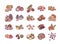 Nuts and seeds color line icons set. Nuts are the hard-shelled fruit of certain plants. Seeds are a small edible plant enclosed in