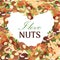 Nuts vector poster. Peanut or coconut and hazelnut, pistachio or almond, walnut and macadamia in form of heart. I love