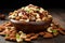 Nutty assortment in a wooden bowl on a rustic gray backdrop